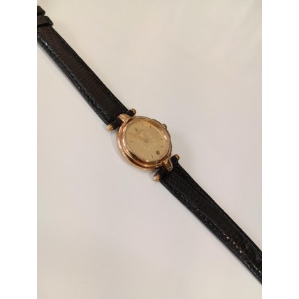 VINTAGE Lanvin γυναικείο ρολόι με επίχρυσο καντράν και μαύρο δερμάτινο λουράκι (VIN06)
